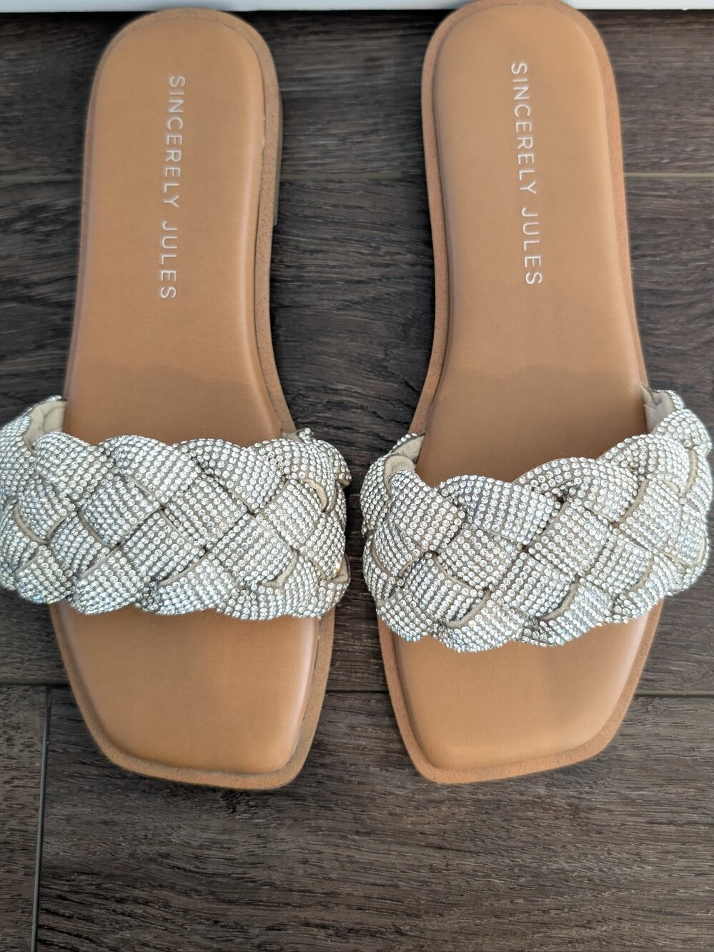 Sincerly Jules Tan Slide Sandals with Chunky Silver Braided Strap - Picture 4 of 7